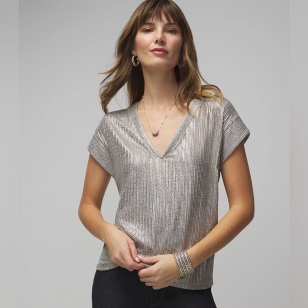 WHBM White House Black Market Short Sleeve Rib Power Tee Grey Silver Metallic S